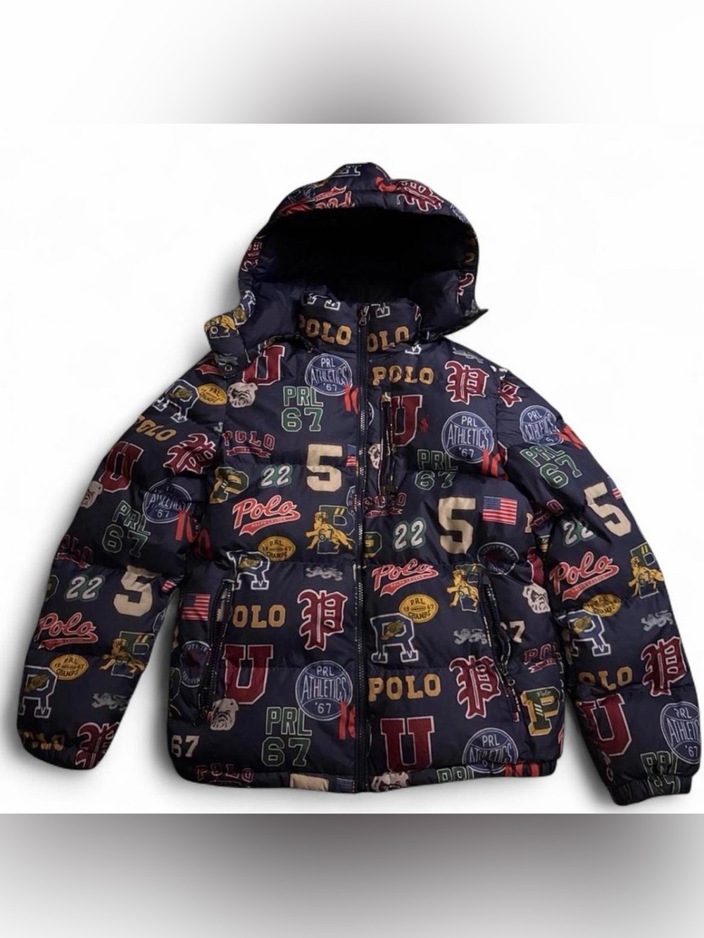 Polo Ralph Lauren All-Over Print Varsity Badge Down Puffer Jacket